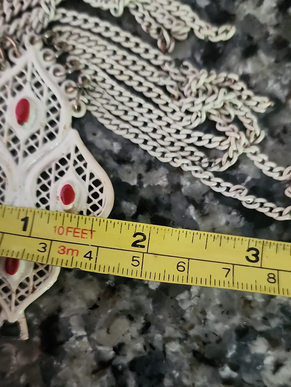 Vtg Unique White Filigree Tassel Pendant with Red Accents